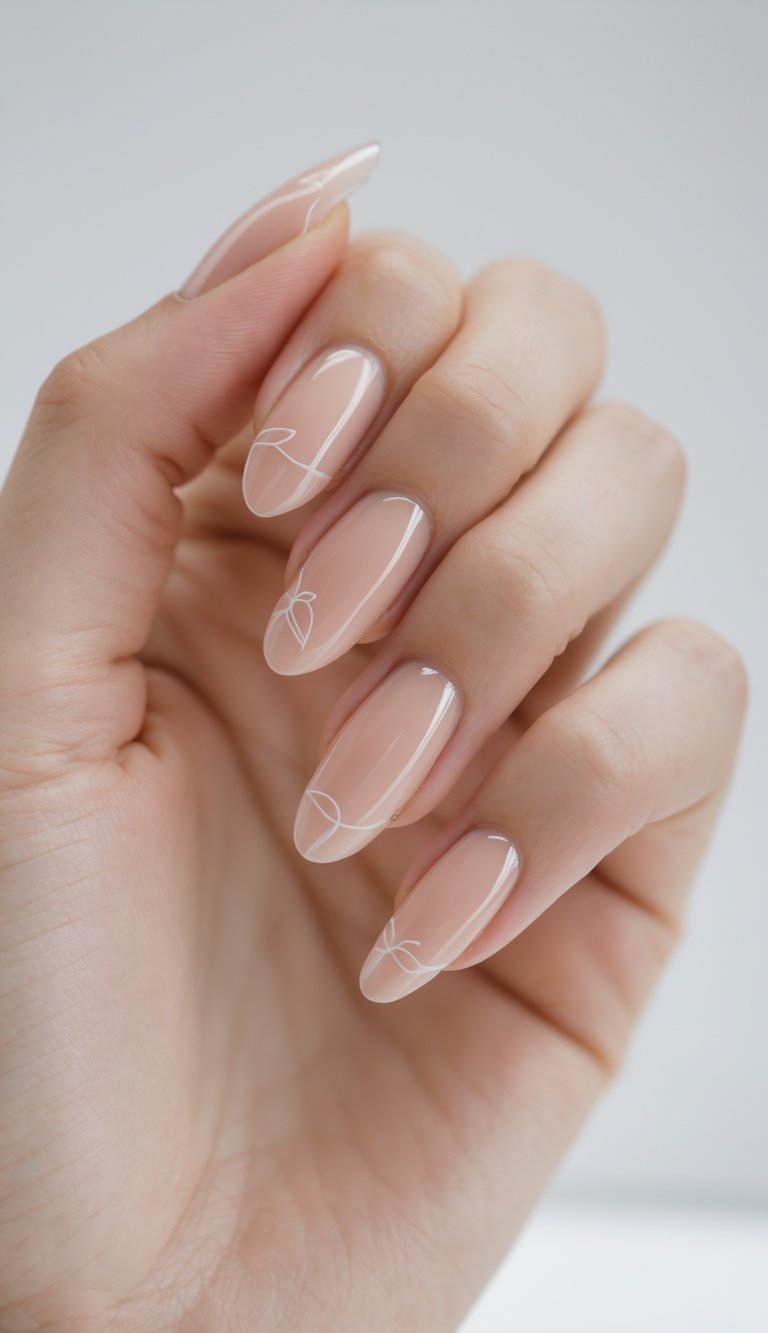 Close-up of one hand with natural glossy nails and subtle nail art on a white background.