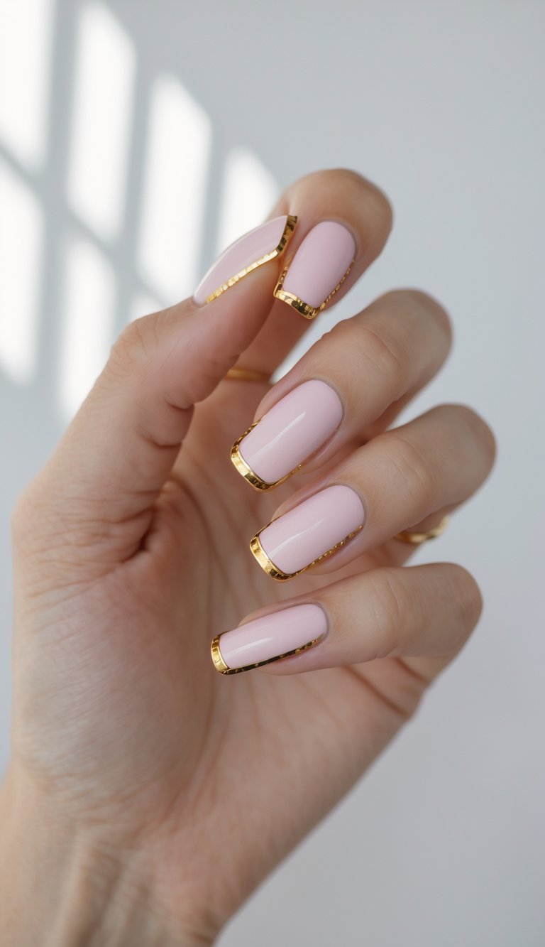 Close-up of one hand with light pink nails outlined with thin gold borders against a white background.
