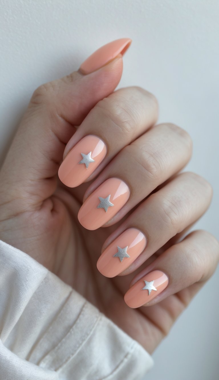 Close-up of one hand with glossy pale coral nails decorated with small silver stars on a white background.