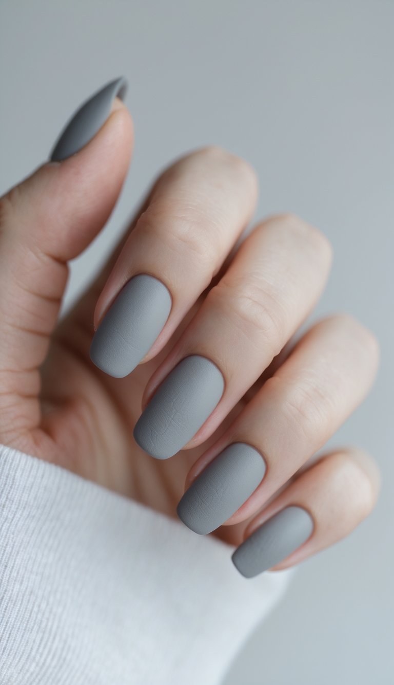 Close-up of one hand with soft gray matte nails against a white background.