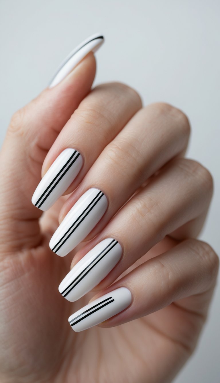 Close-up of one hand with detailed geometric stripe nail art on a white background.