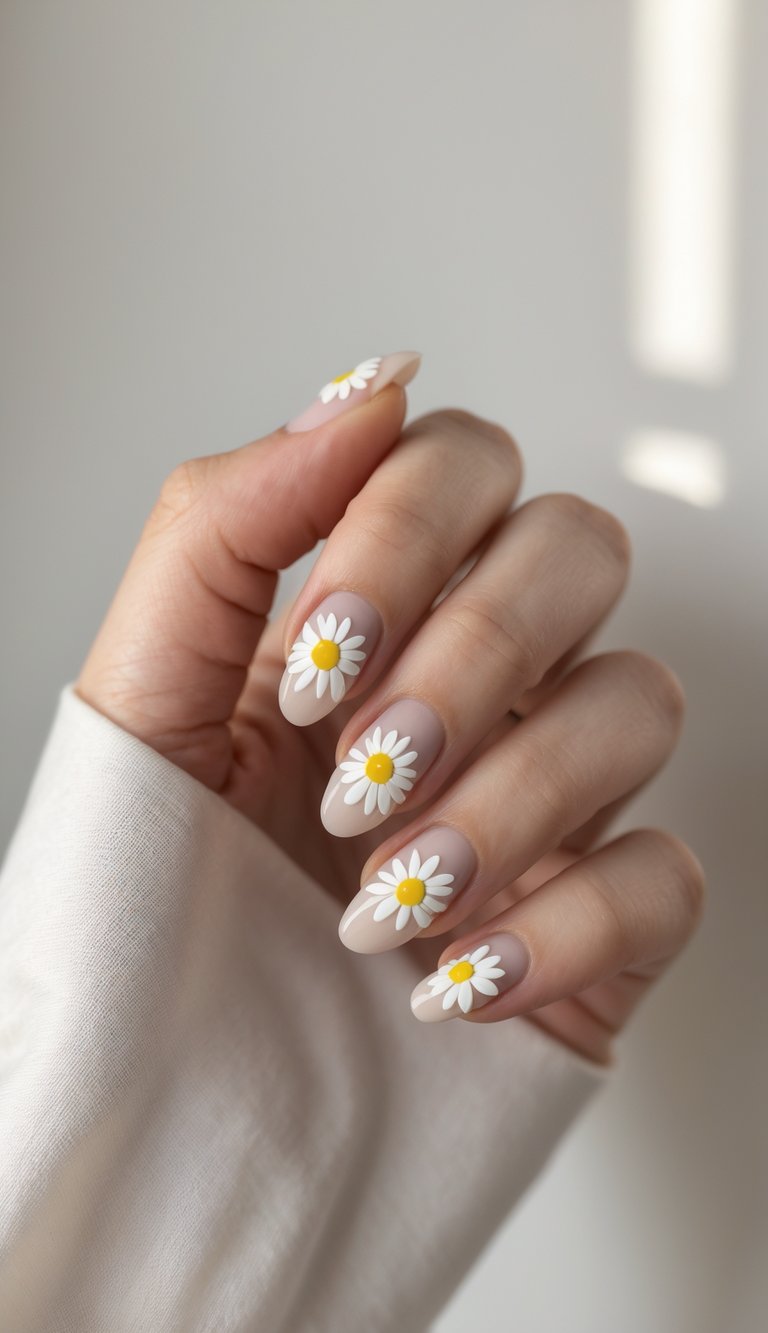 Close-up of one hand with neatly manicured nails decorated with small daisy flower designs on a white background.