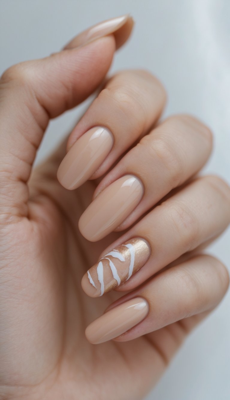Close-up of one hand with neatly manicured nails painted in a soft sand color with glossy finish against a white background.