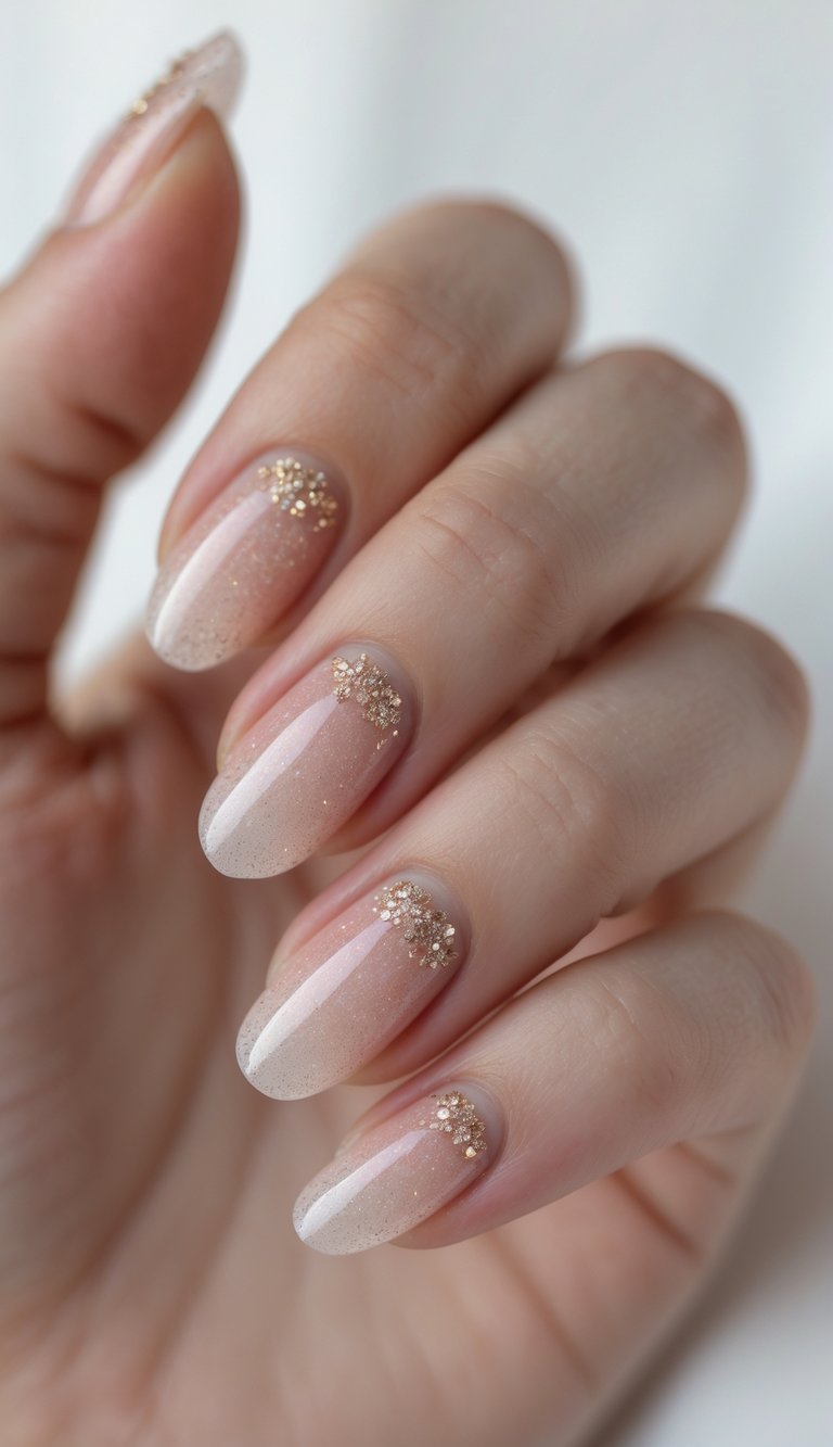 Close-up of one hand with translucent blush nails decorated with glitter on a white background.