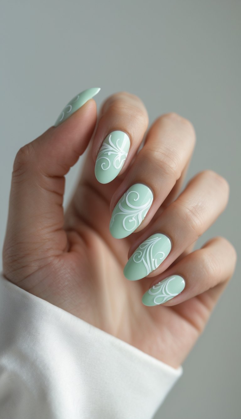 Close-up of one hand showing pale mint nails with white swirl designs against a white background.
