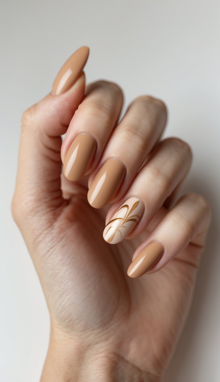 Close-up of one hand with creamy caramel colored manicured nails showing detailed nail art on a white background.