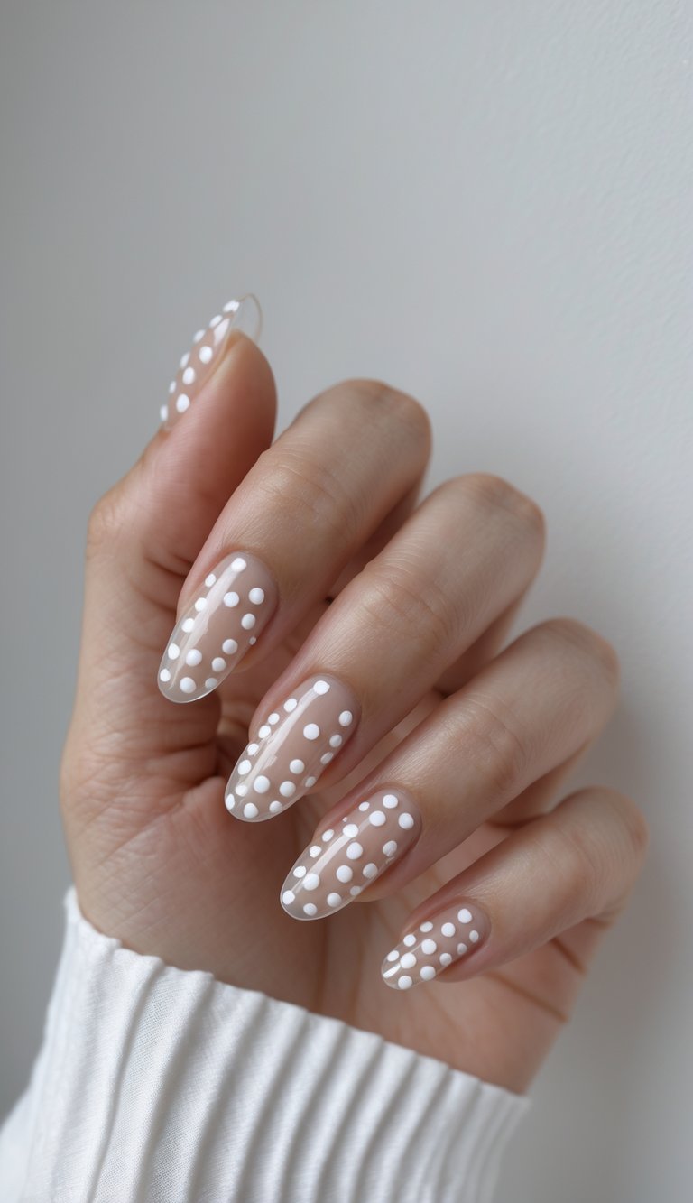 Close-up of one hand with clear gel nails decorated with white polka dots on a white background.