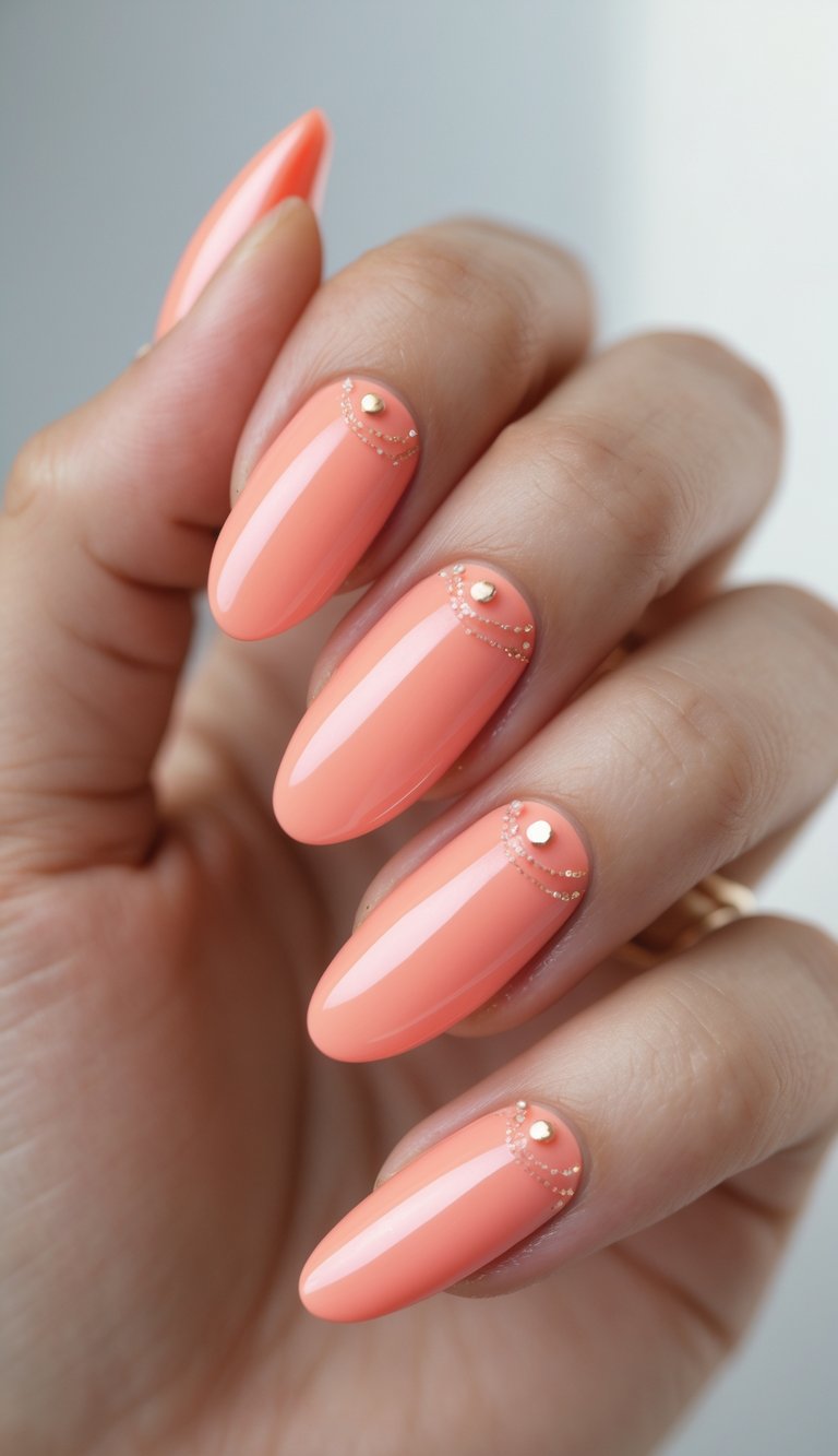 Close-up of one hand with soft coral glossy nails against a white background.