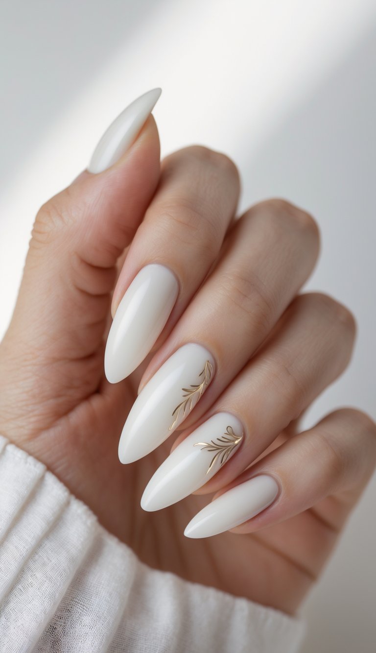 Close-up of one hand with pearl white polished nails and delicate nail art against a white background.