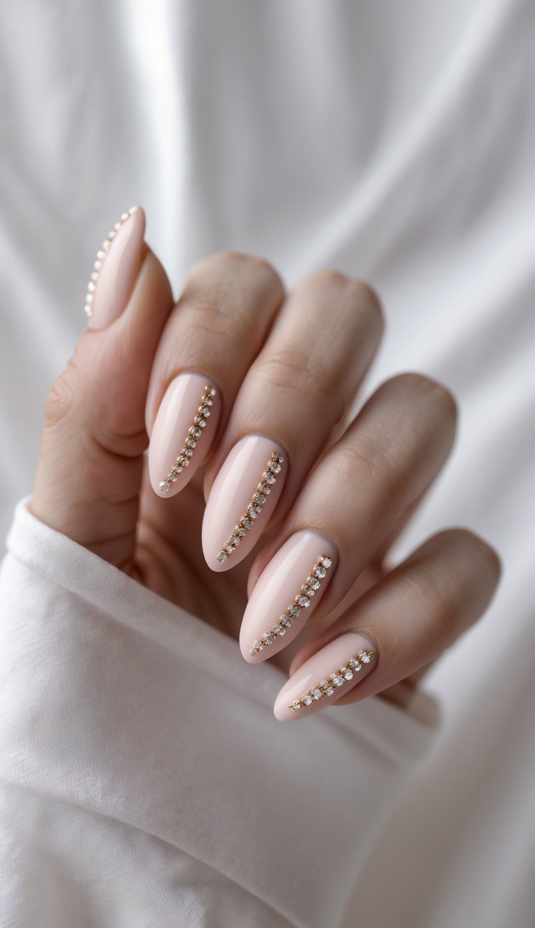 Close-up of one hand with blush pink nails decorated with small rhinestones against a white background.