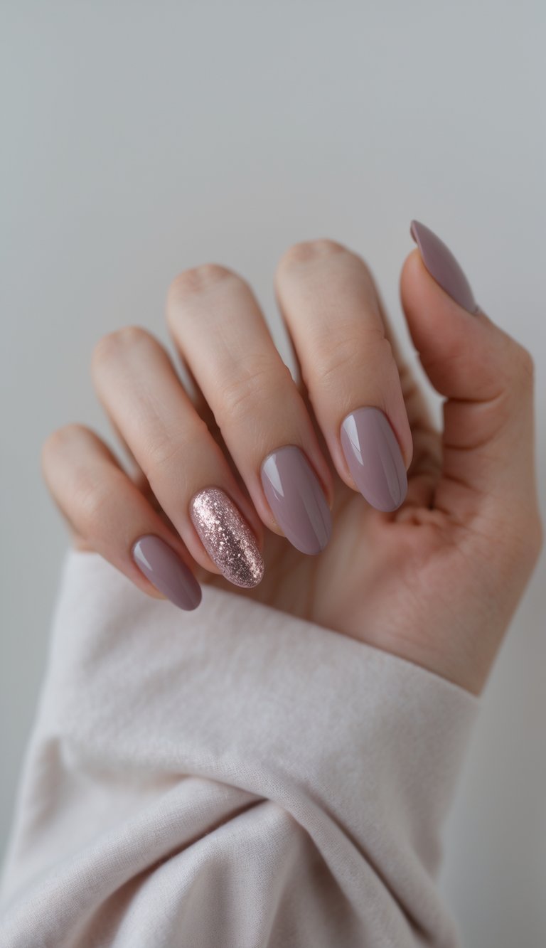 Close-up of one hand with neatly manicured nails painted in muted mauve with glitter accents on a white background.