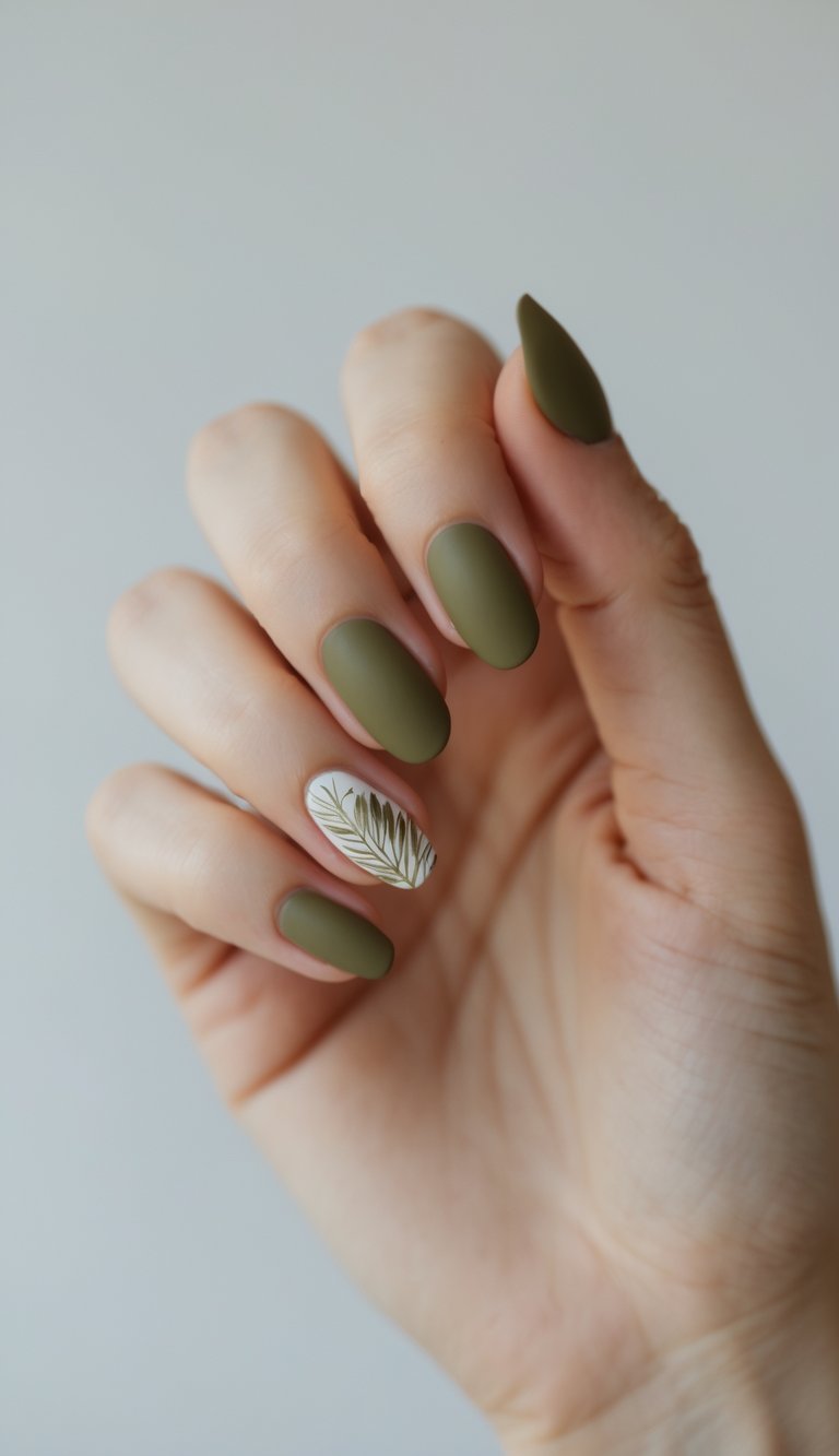 Close-up of one hand showing nails with olive green matte tips against a white background.
