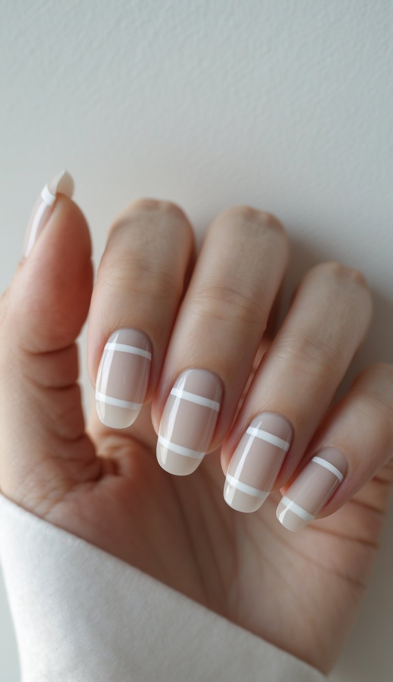 Close-up of one hand with neatly manicured nails featuring simple white striped nail art on a plain white background.