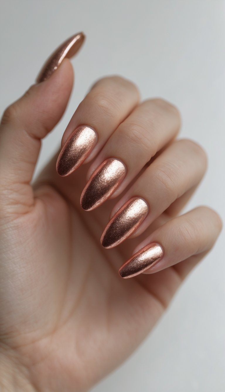 Close-up of one hand with nails painted in rose gold metallic tips against a white background.