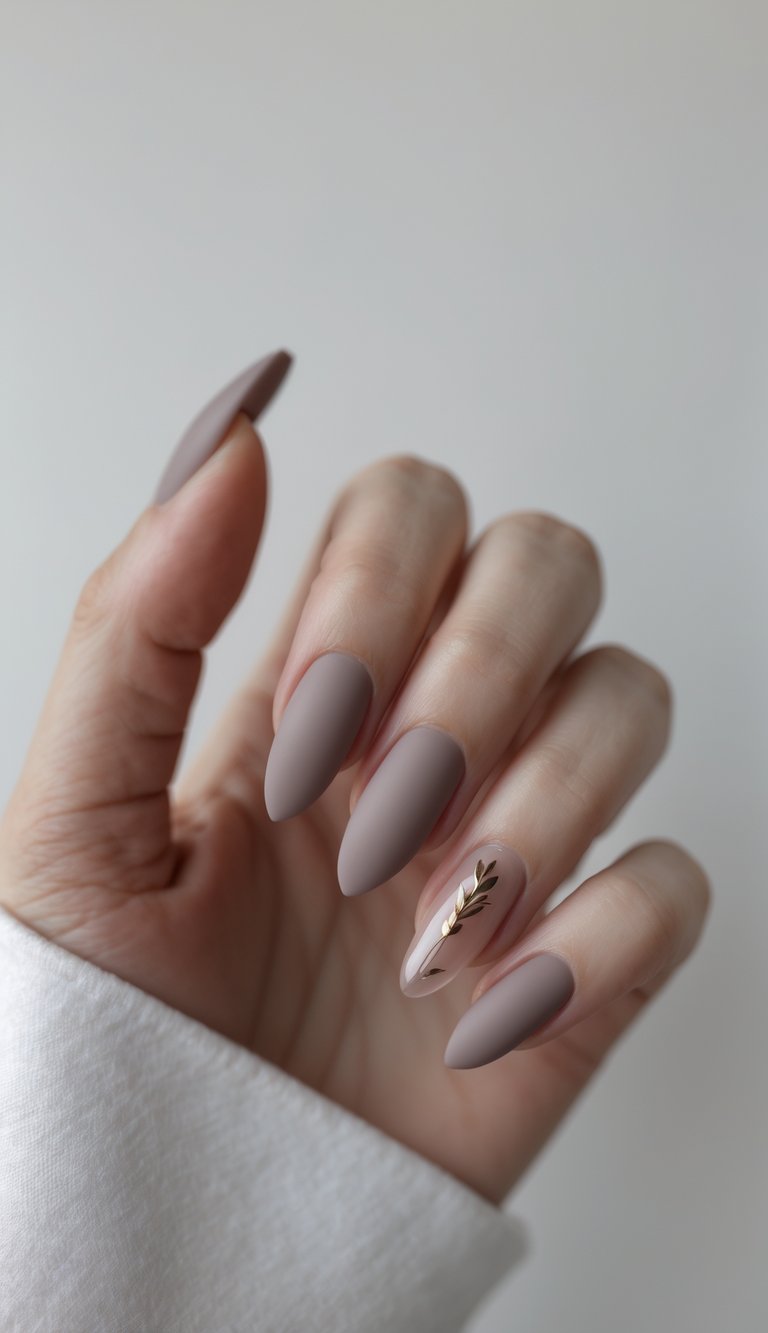 Close-up of one hand with neatly manicured nails painted dusty rose matte with glossy tips against a white background.
