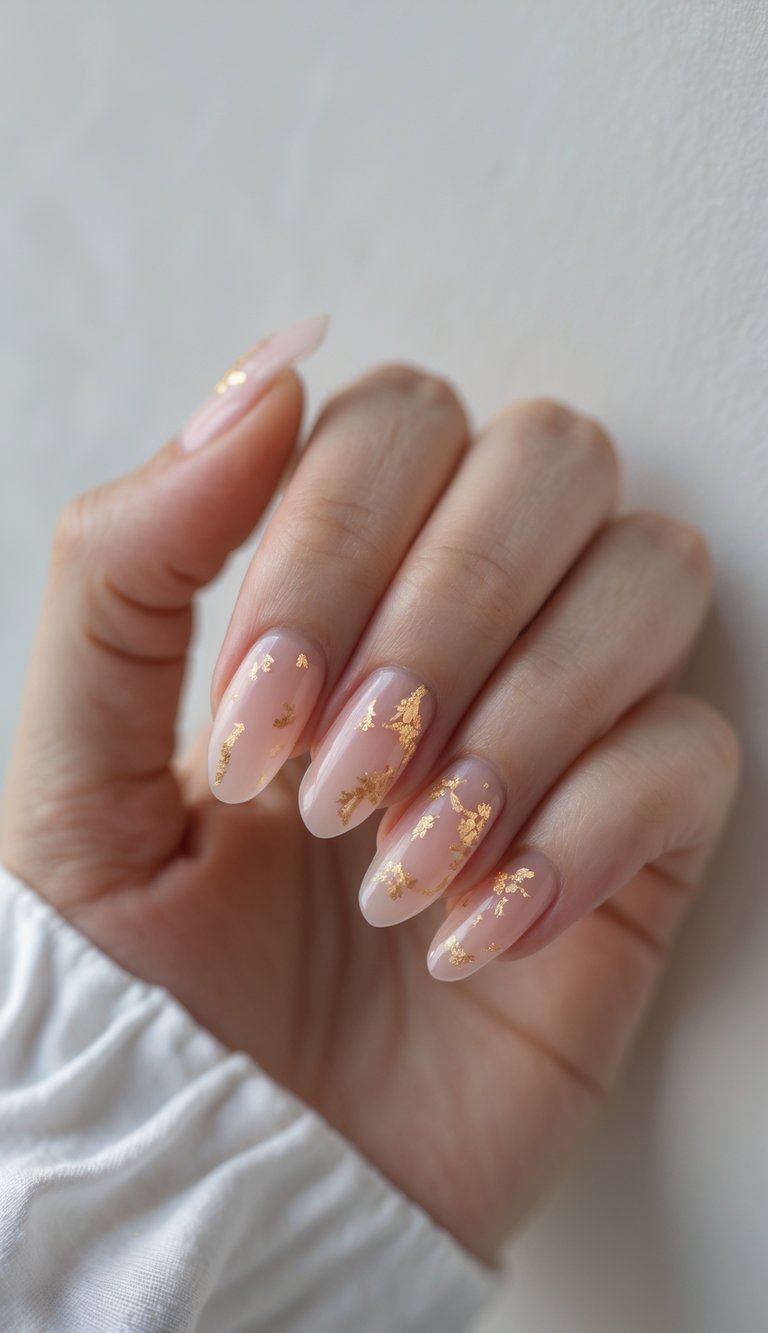 Close-up of one hand with sheer pink nails decorated with small gold flakes against a white background.