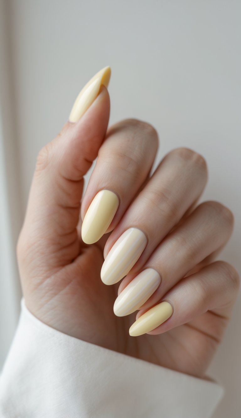 Close-up of one hand with pale yellow manicured nails showing detailed nail art on a white background.
