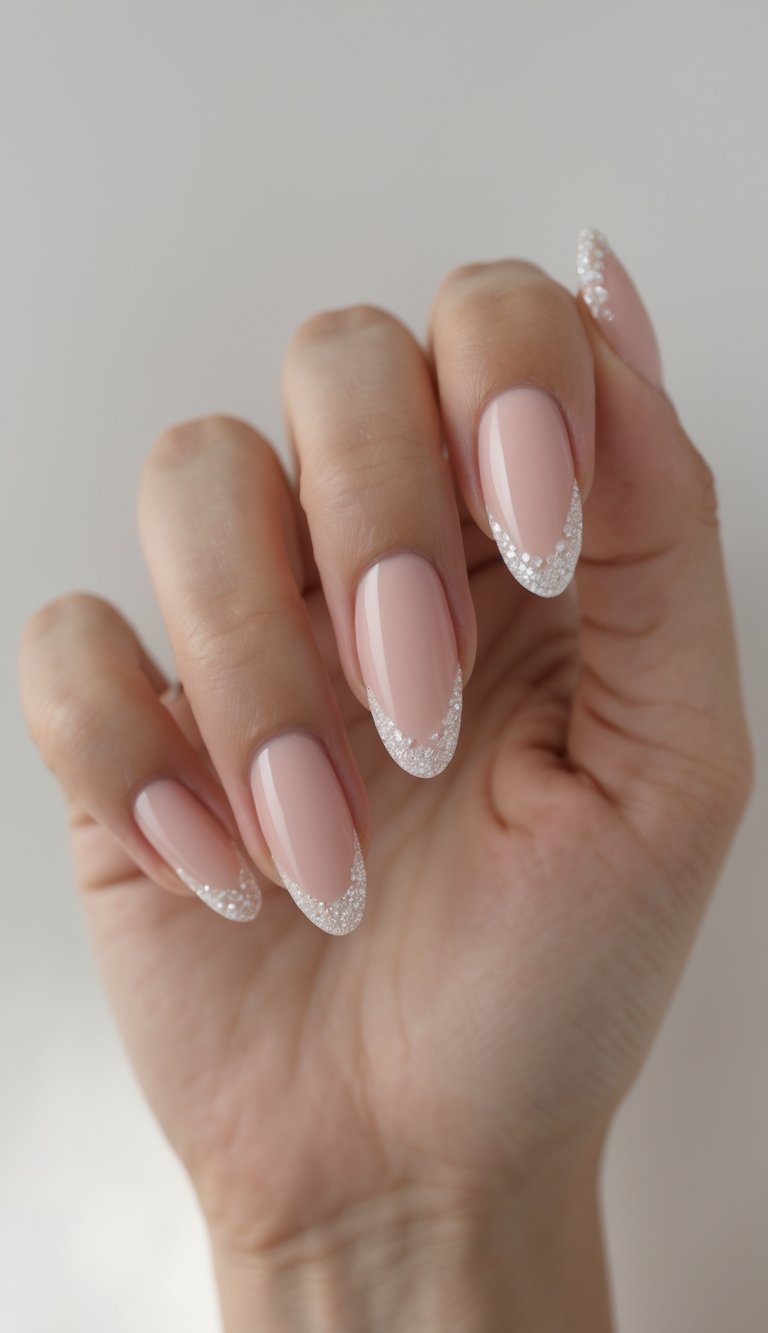 Close-up of one hand with French tip nails decorated with tiny sparkles against a white background.