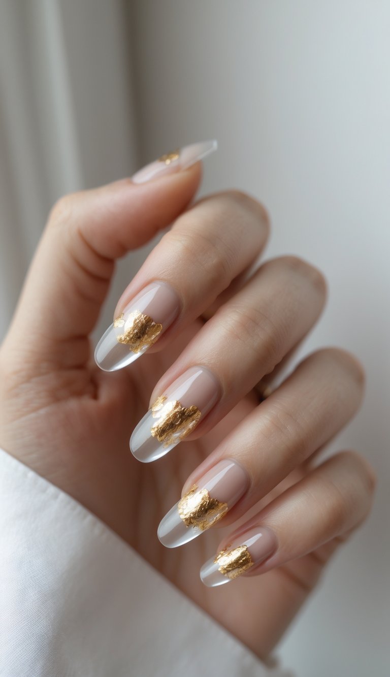 Close-up of one hand with clear glossy nails decorated with gold foil accents against a white background.