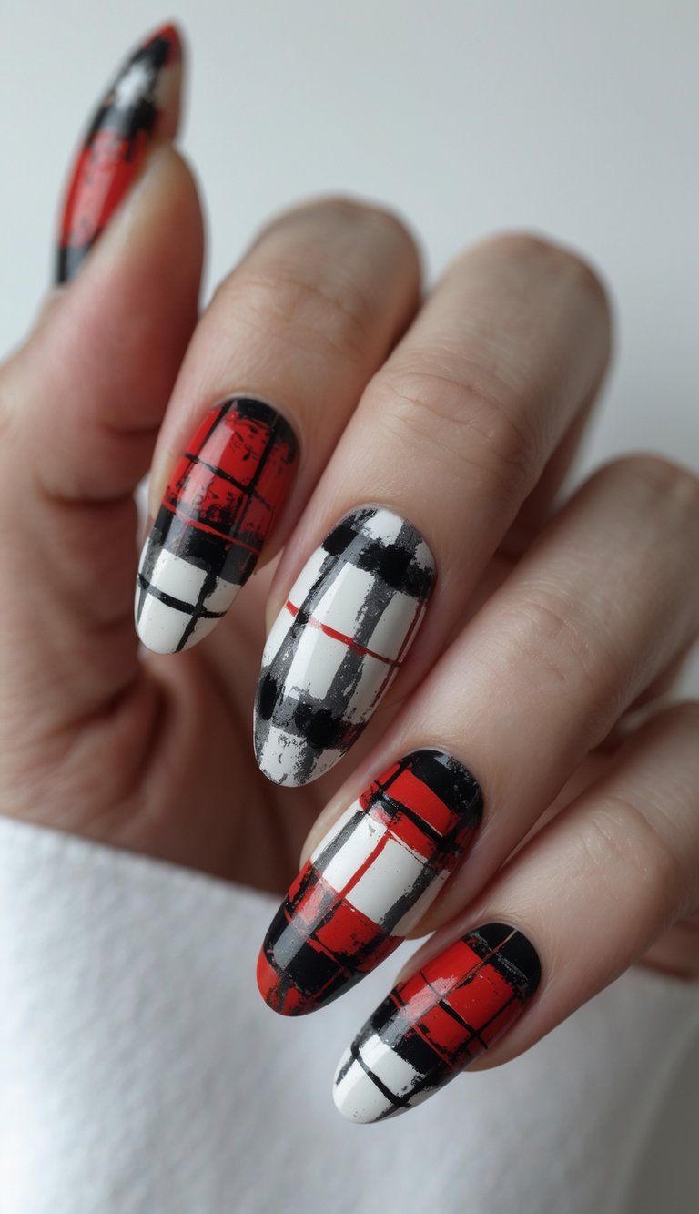 Nails with grungy red, black, and white plaid art