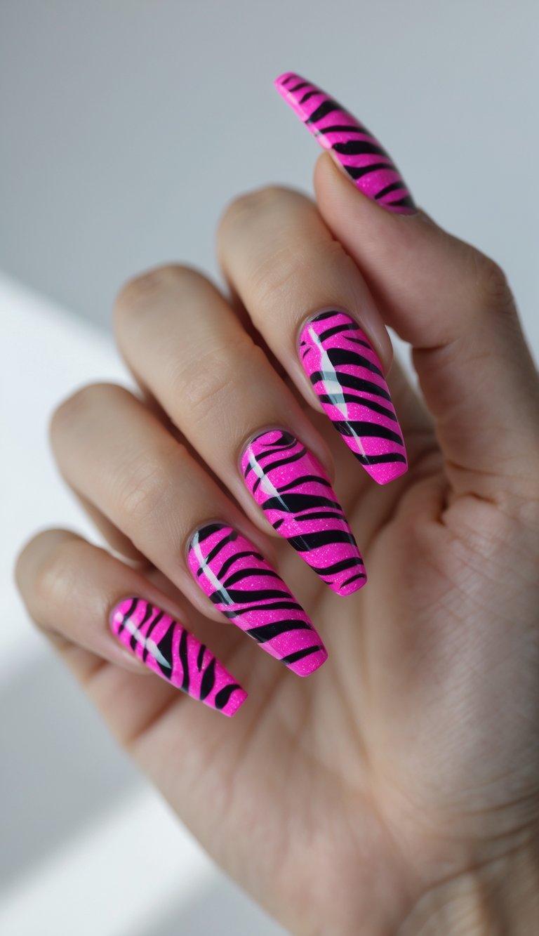 Hot pink nails with black zebra stripes serving as the ultimate throwback to Y2K glam
