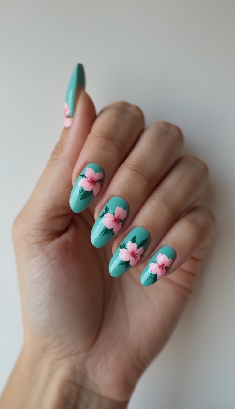 Turquoise nails with oversized pink hibiscus designs that scream early 2000s vacation Barbie style