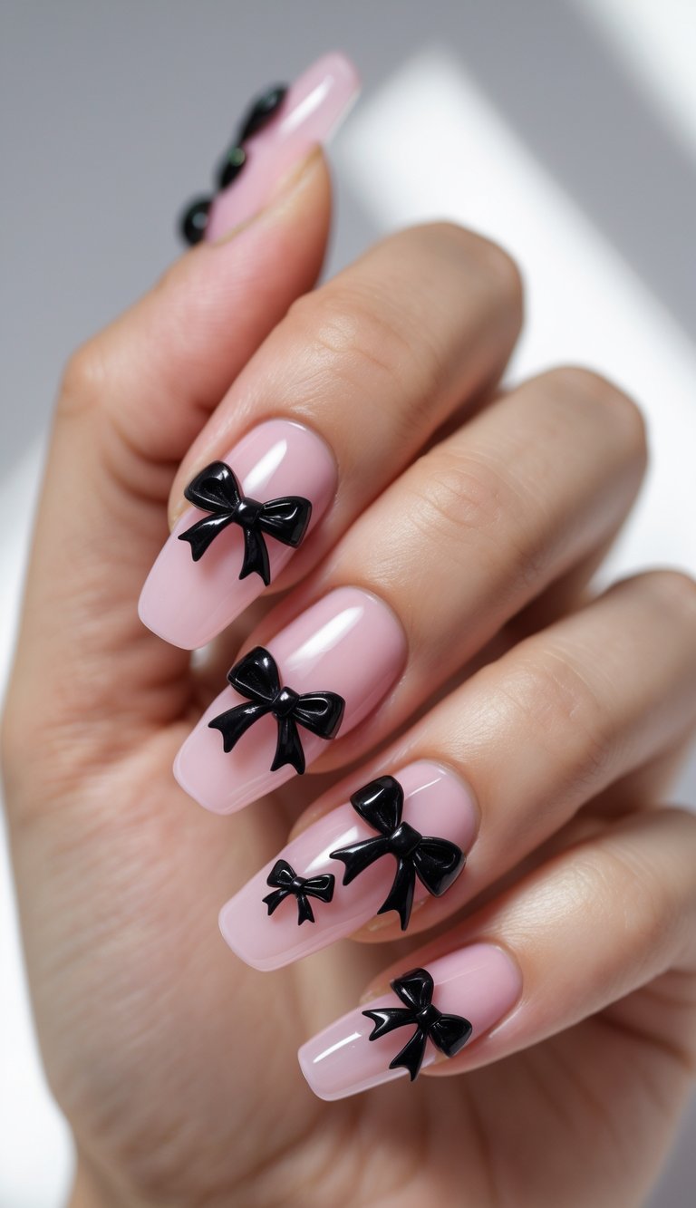 Baby pink nails topped with shiny black 3D bows for a Y2K pop princess aesthetic