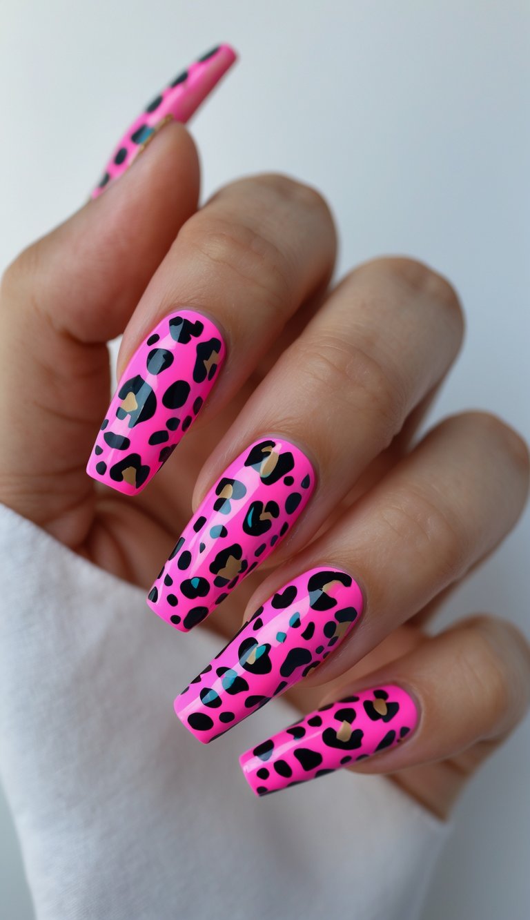 Neon pink y2k nails splashed with wild black and tan leopard print