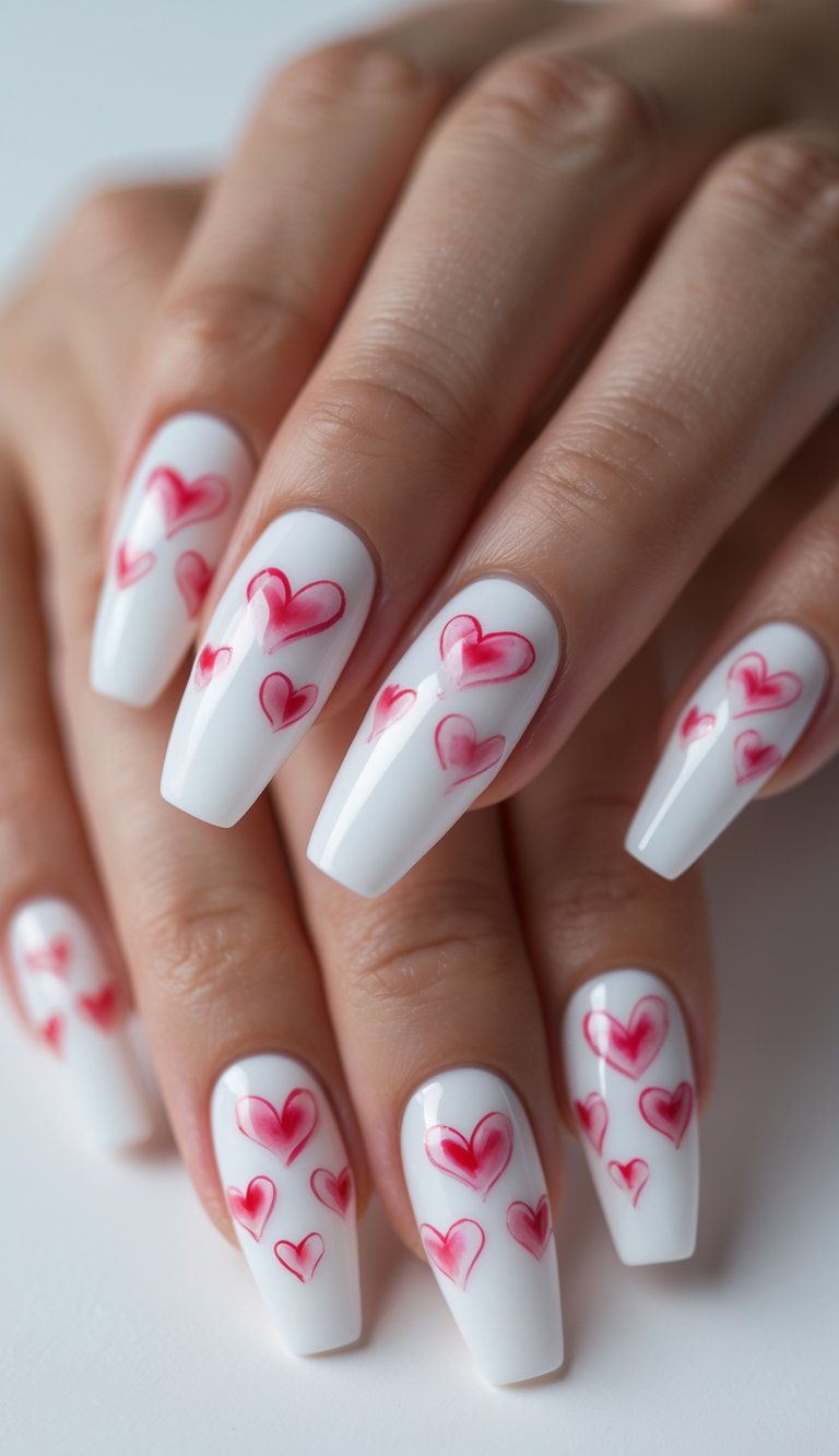 Airbrushed hearts in pink and red on crisp white y2k nails