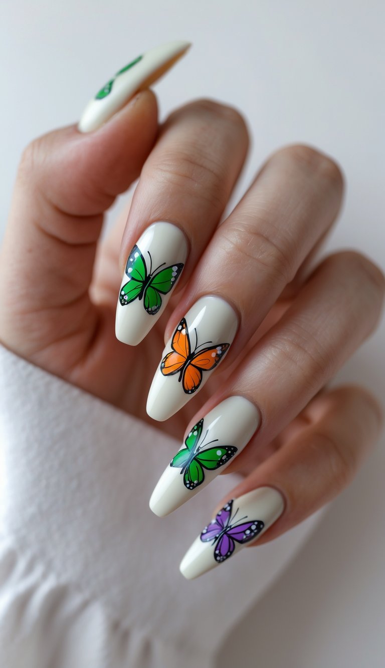 White Y2K nails with colorful butterflies in green, orange, and purple
