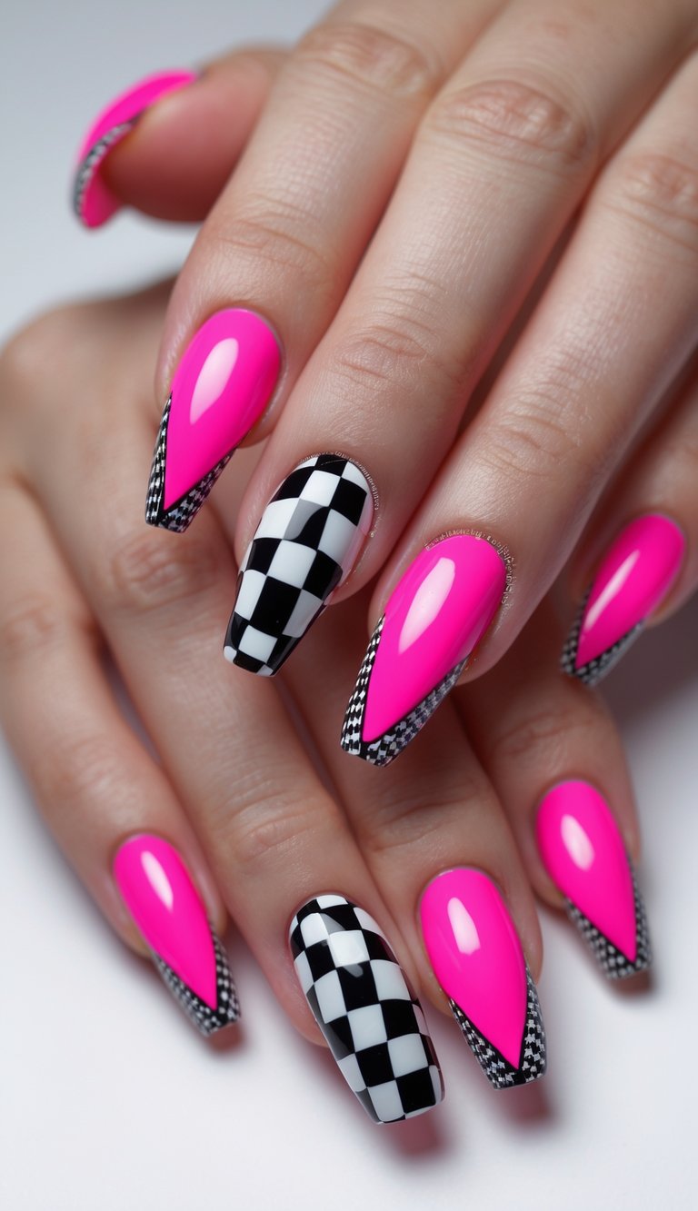 Hot pink nails featuring houndstooth tips and black-and-white checkerboard accents