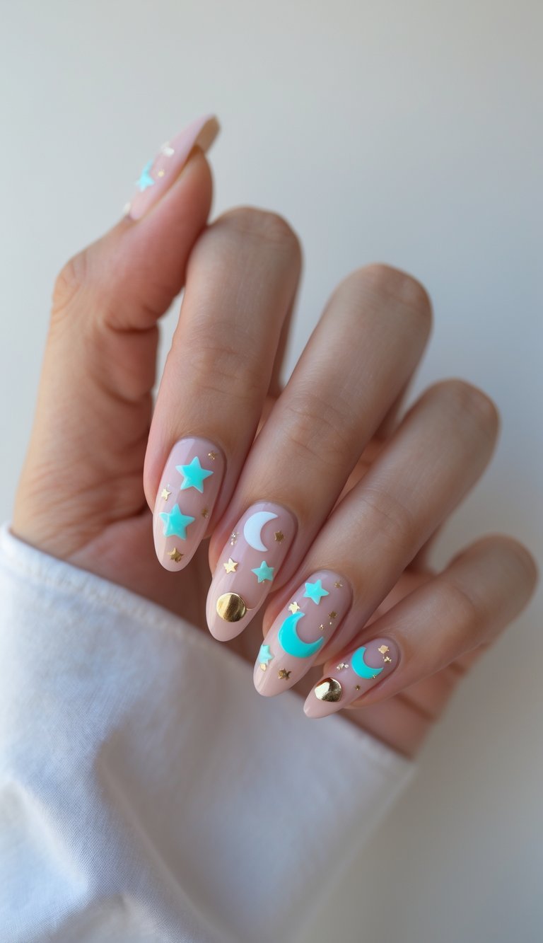 Nude Y2K nails adorned with 3D turquoise stars, blue moons, and gold metallic dots.