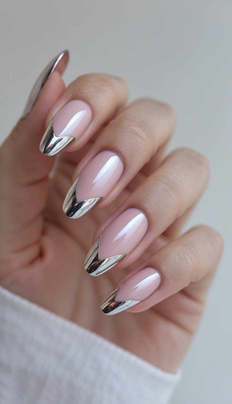 Close-up of a hand showing nails with metallic silver tips on a sheer pink base against a white background.