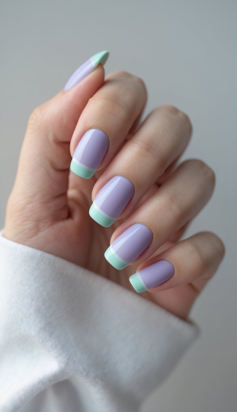 Close-up of one hand with lavender and mint two-tone French tip nails against a white background.
