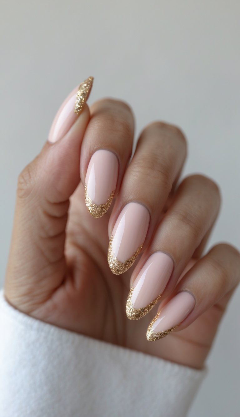 Close-up of one hand with glossy blush pink French tip nails accented with gold glitter on a white background.