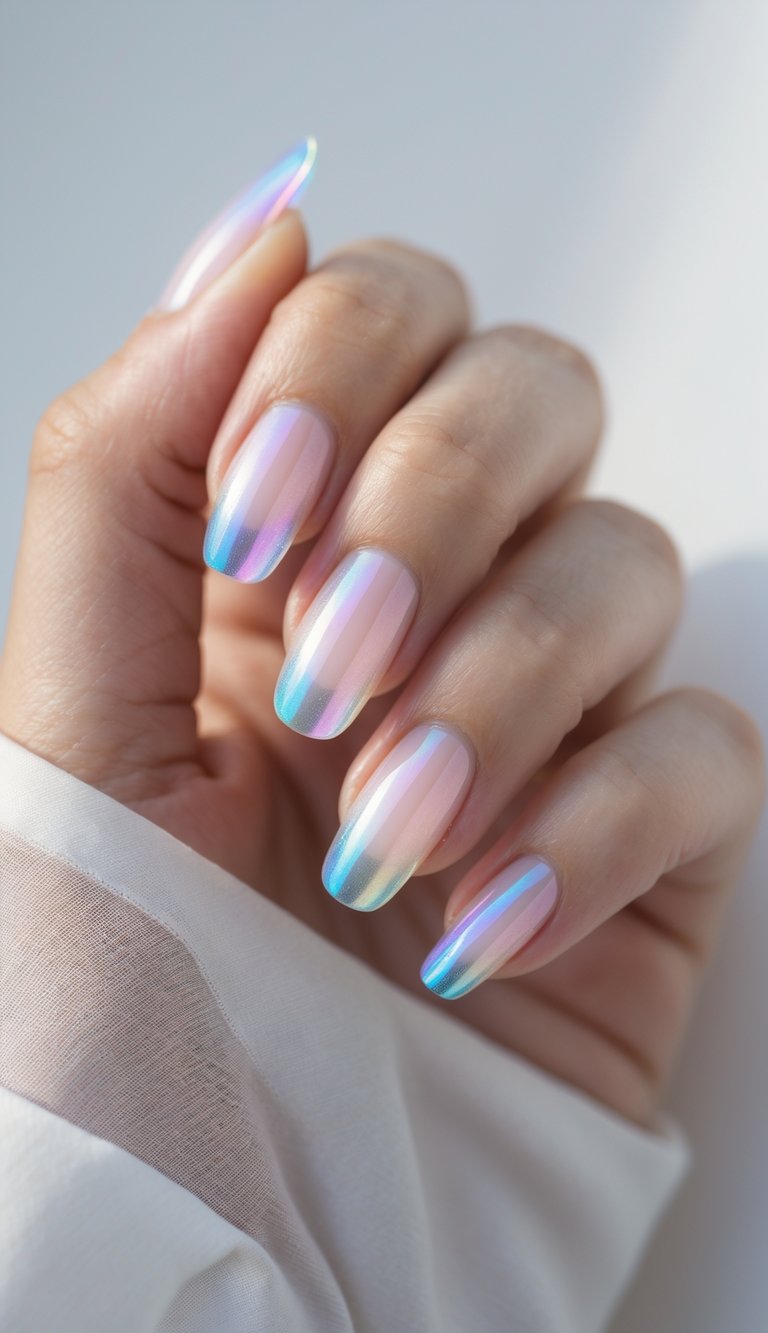 Close-up of one hand showing manicured nails with iridescent French tips against a white background.