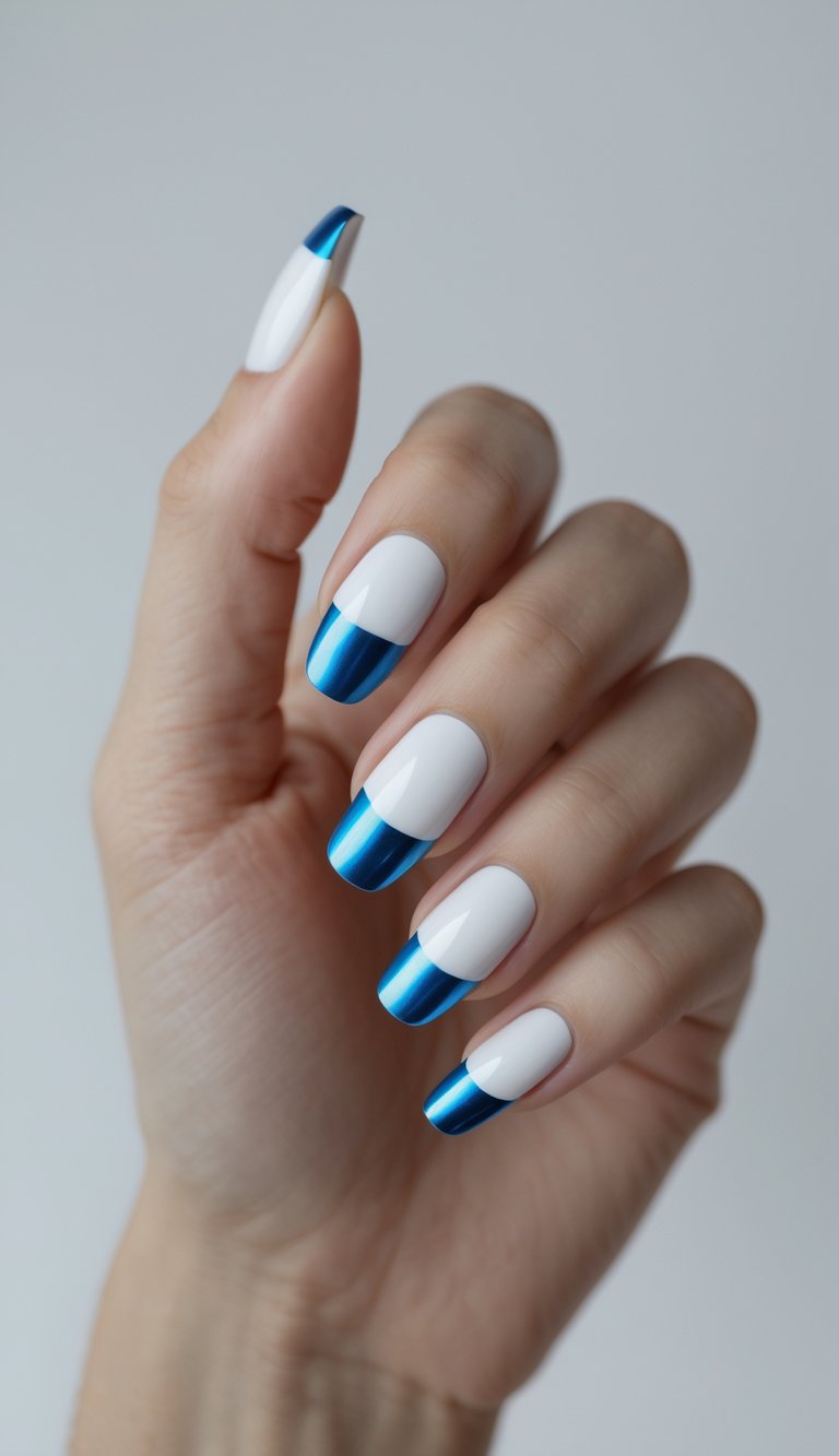 Glossy white nails meet striking blue chrome French tips