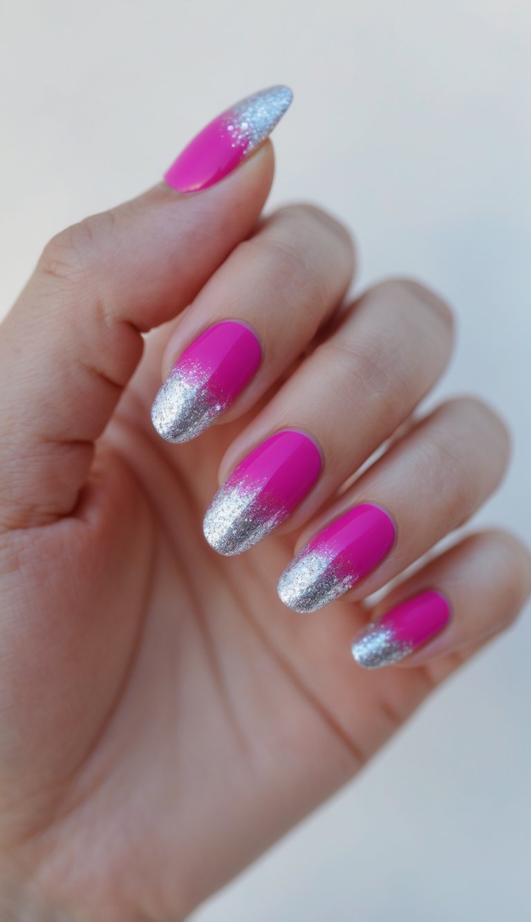 A hand with almond-shaped nails features a fuchsia nail art idea with vivid pink polish and gradient silver glitter tips that catch the light with every movement.