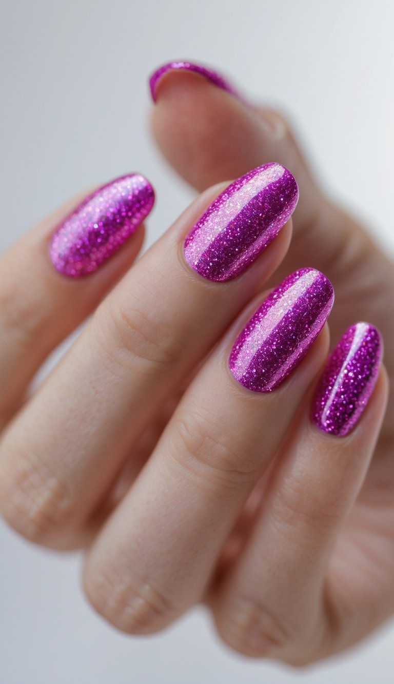 A hand showing fuchsia nail art idea with pink glitter stripes running vertically across the nails, creating a lively, high-energy sparkle design.