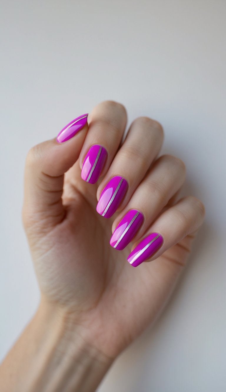 A hand with fuchsia nail art idea showing glossy magenta nails accented by vertical silver lines for a clean, modern stripe design.
