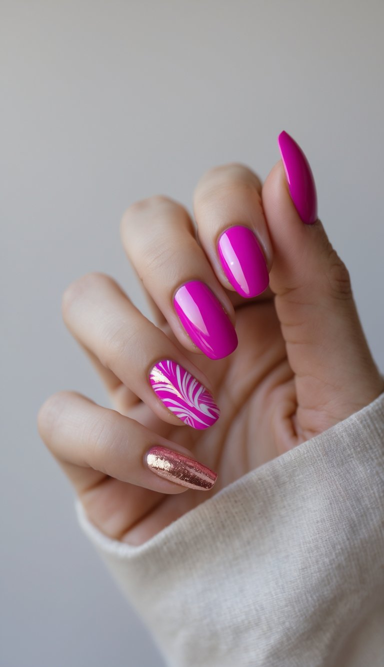 Fingers showing a fuchsia nail art idea with glossy pink nails, one shiny rose gold nail, and a vibrant swirl pattern in white and gold.