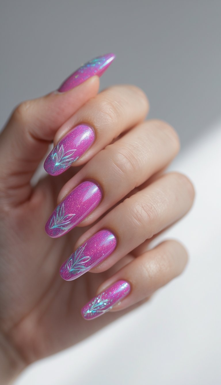 Fingers featuring a fuchsia nail art idea with shiny hot pink polish and fine chrome leaf designs near the tips of each nail.