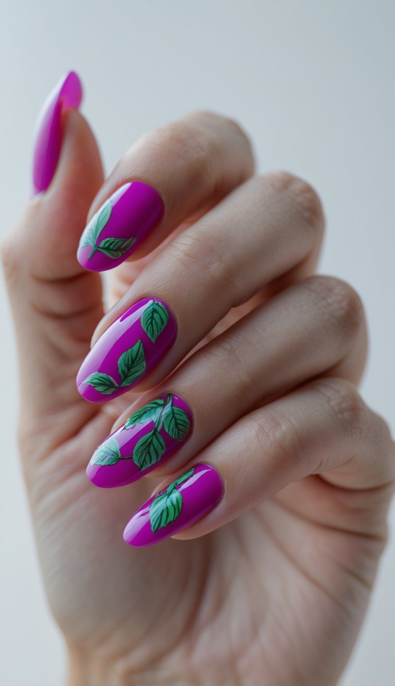 A hand shows off a fuchsia nail art idea where each nail features artistic green leaf details over a glossy berry-pink polish, mimicking fine brushstrokes.