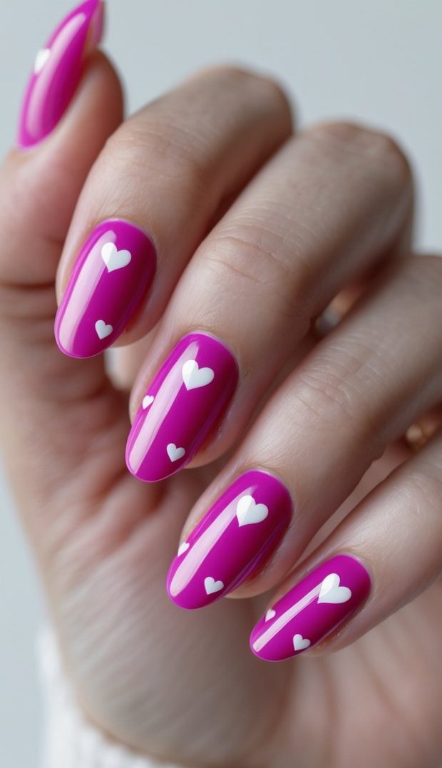 Glossy nails painted in a vibrant fuchsia shade, each adorned with minimalist white heart accents—an adorable fuchsia nail art idea captured on a relaxed hand pose.