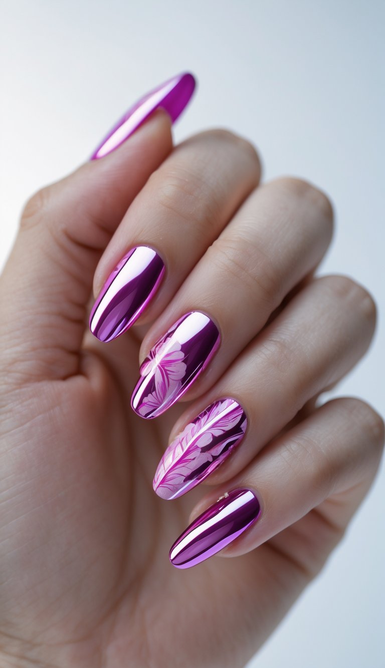 Close-up of a feminine hand featuring a fuchsia nail art idea, with chrome-coated nails and intricate soft-pink floral designs on two accent fingers.