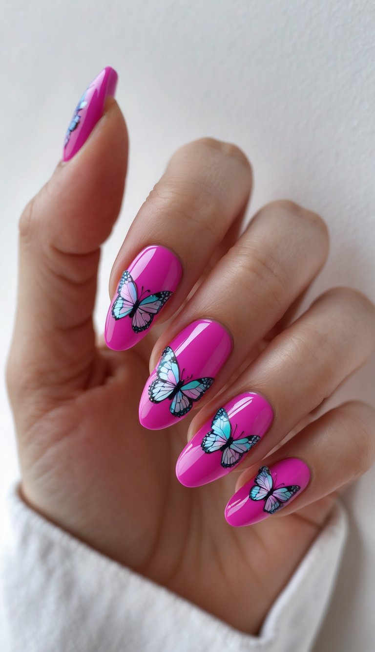 Hand with glossy fuchsia nail art idea, each nail decorated with fine butterfly designs in pastel blue and pink, creating a vibrant yet dainty effect.