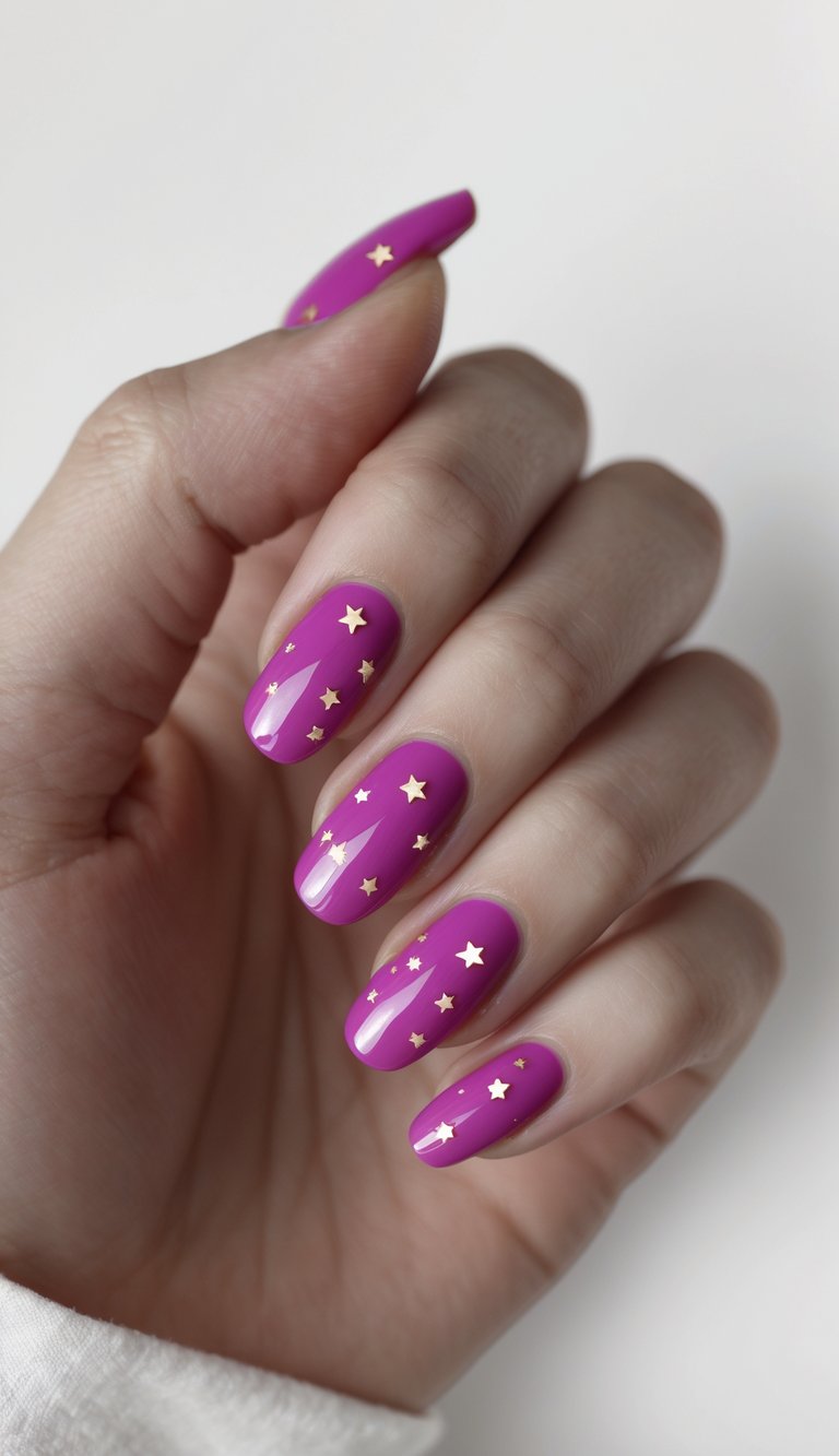 A hand displays a fuchsia nail art idea where tiny golden stars are placed randomly on shiny pink-purple nails, creating a celestial look.