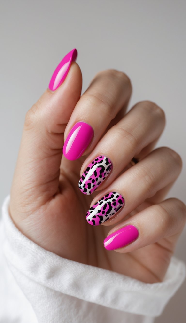 Close-up of a woman's hand featuring a fuchsia nail art idea with cheetah print details on two nails in contrasting white, pink, and black patterns.