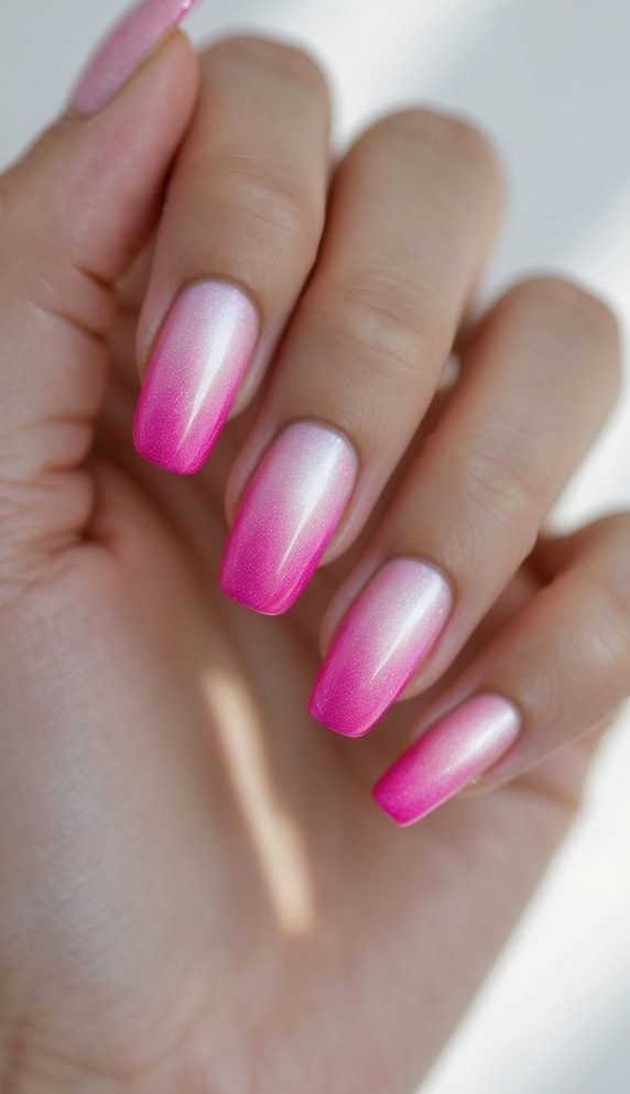 Close-up of a hand with long nails painted in a radiant pink ombré, fading from light shimmer to vibrant fuchsia—perfect for a fuchsia nail art idea.