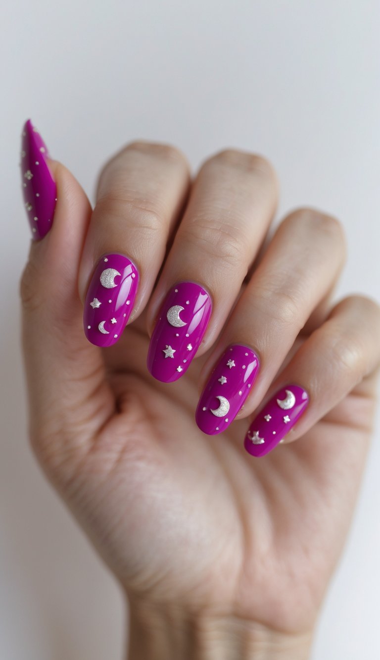 Fuchsia nails with moon and star details, showcasing a dreamy celestial-inspired fuchsia nail art design.